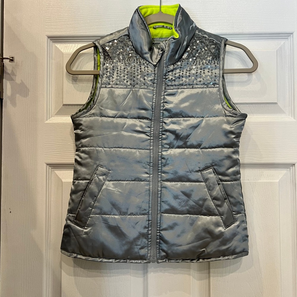 Route 66 Puffer Vest Silver Polyester Sequin Metallic Glam Neon Space Age Y2K L